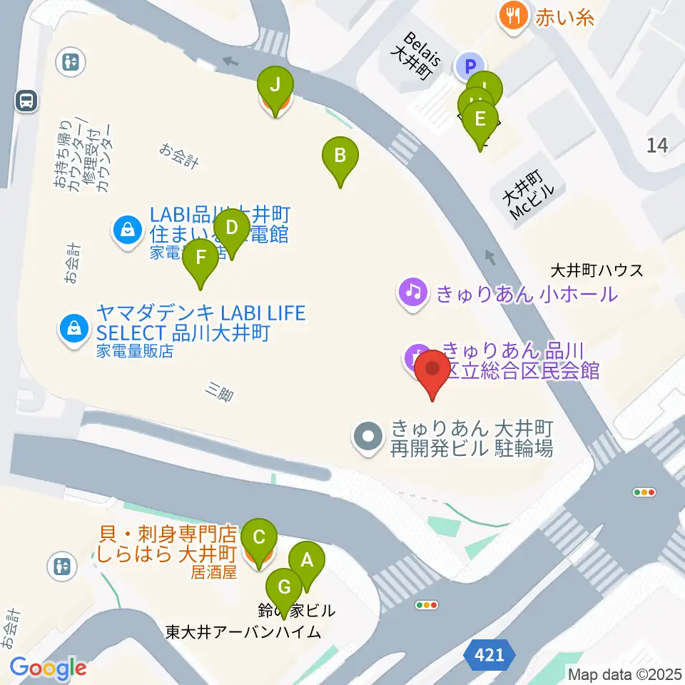 きゅりあん 品川区立総合区民会館周辺のファミレス・ファーストフード一覧地図