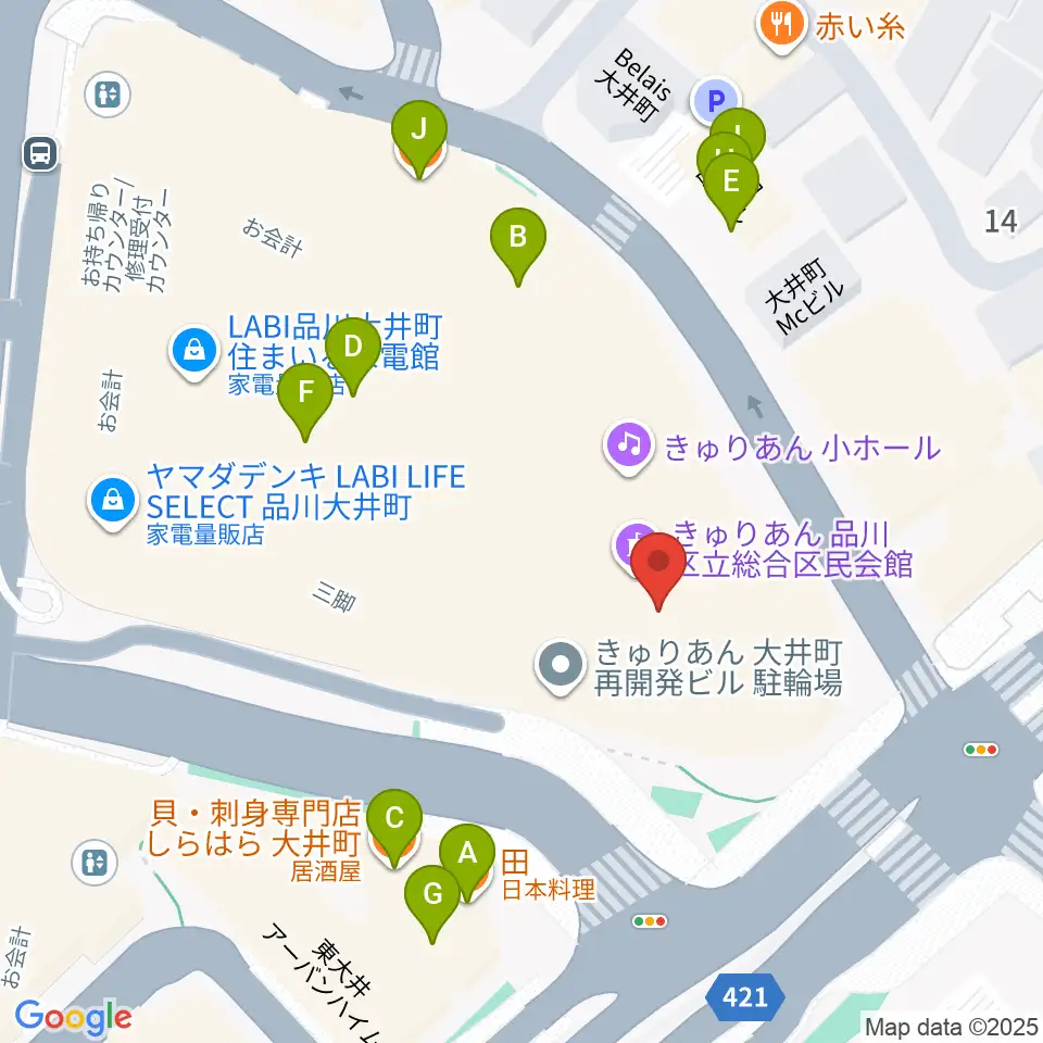 きゅりあん 品川区立総合区民会館周辺のファミレス・ファーストフード一覧地図