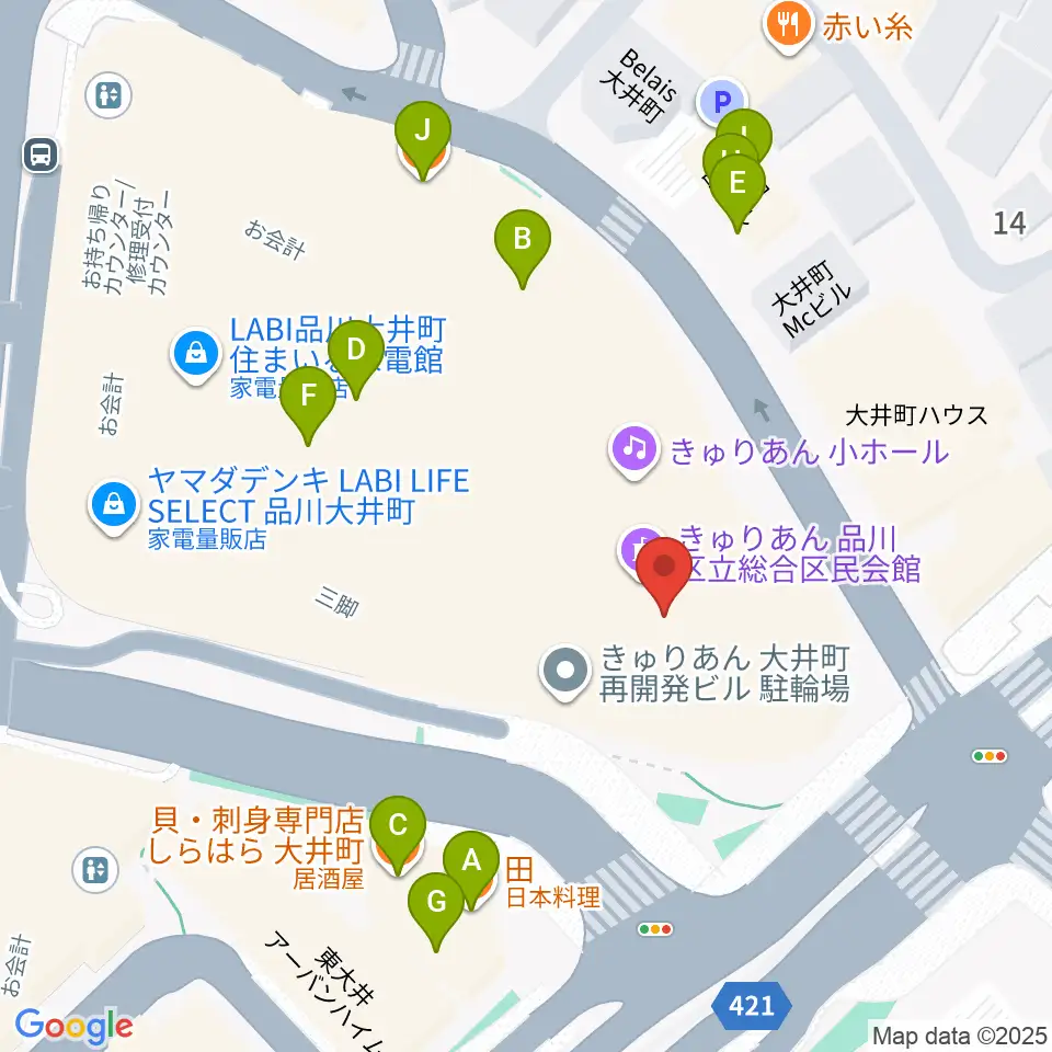 きゅりあん 品川区立総合区民会館周辺のファミレス・ファーストフード一覧地図