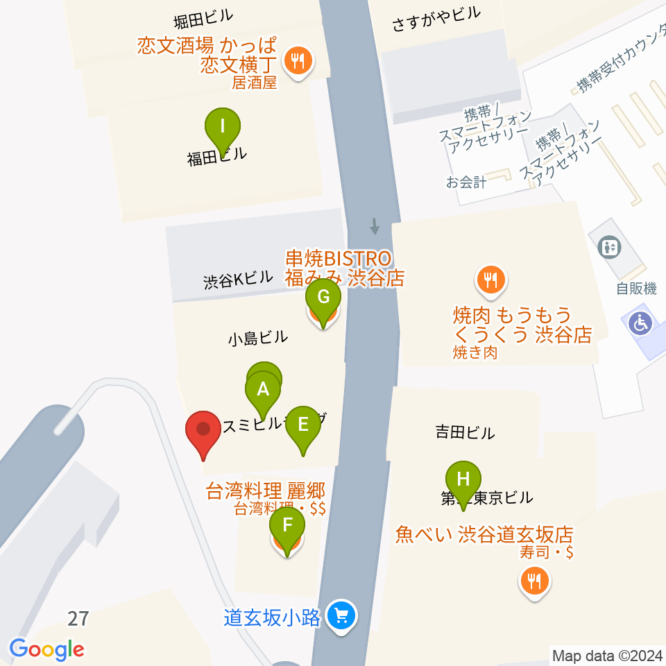 渋谷RUBY ROOM周辺のファミレス・ファーストフード一覧地図