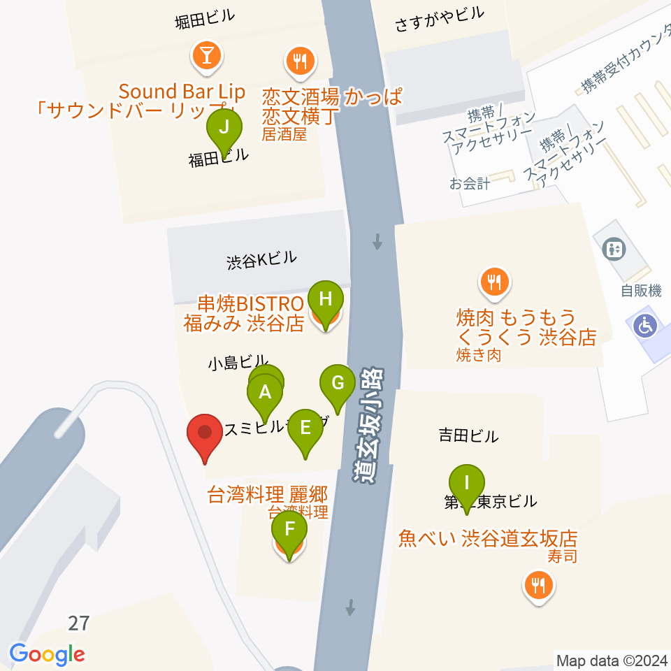 渋谷RUBY ROOM周辺のファミレス・ファーストフード一覧地図