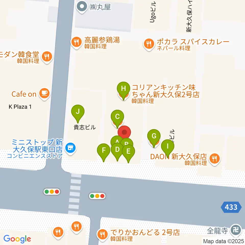 新大久保アースダム周辺のファミレス・ファーストフード一覧地図