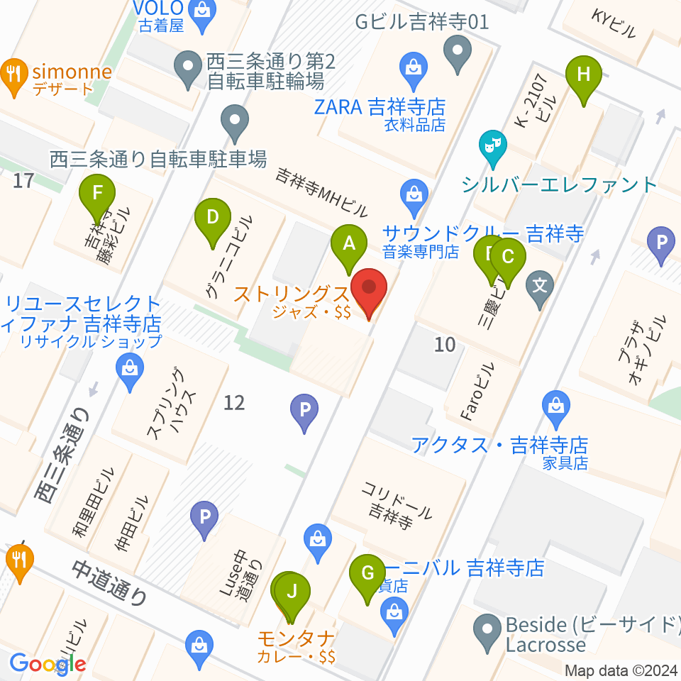 吉祥寺ストリングス周辺のファミレス・ファーストフード一覧地図