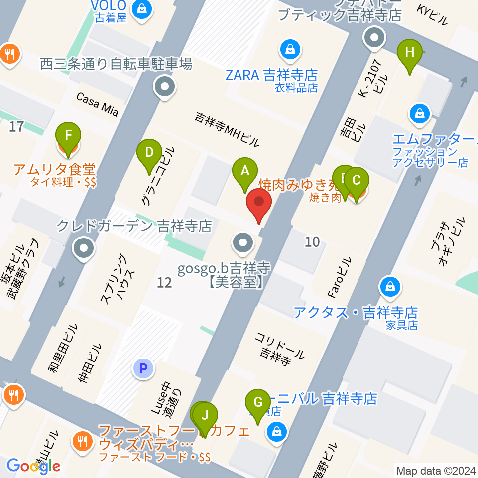 吉祥寺ストリングス周辺のファミレス・ファーストフード一覧地図