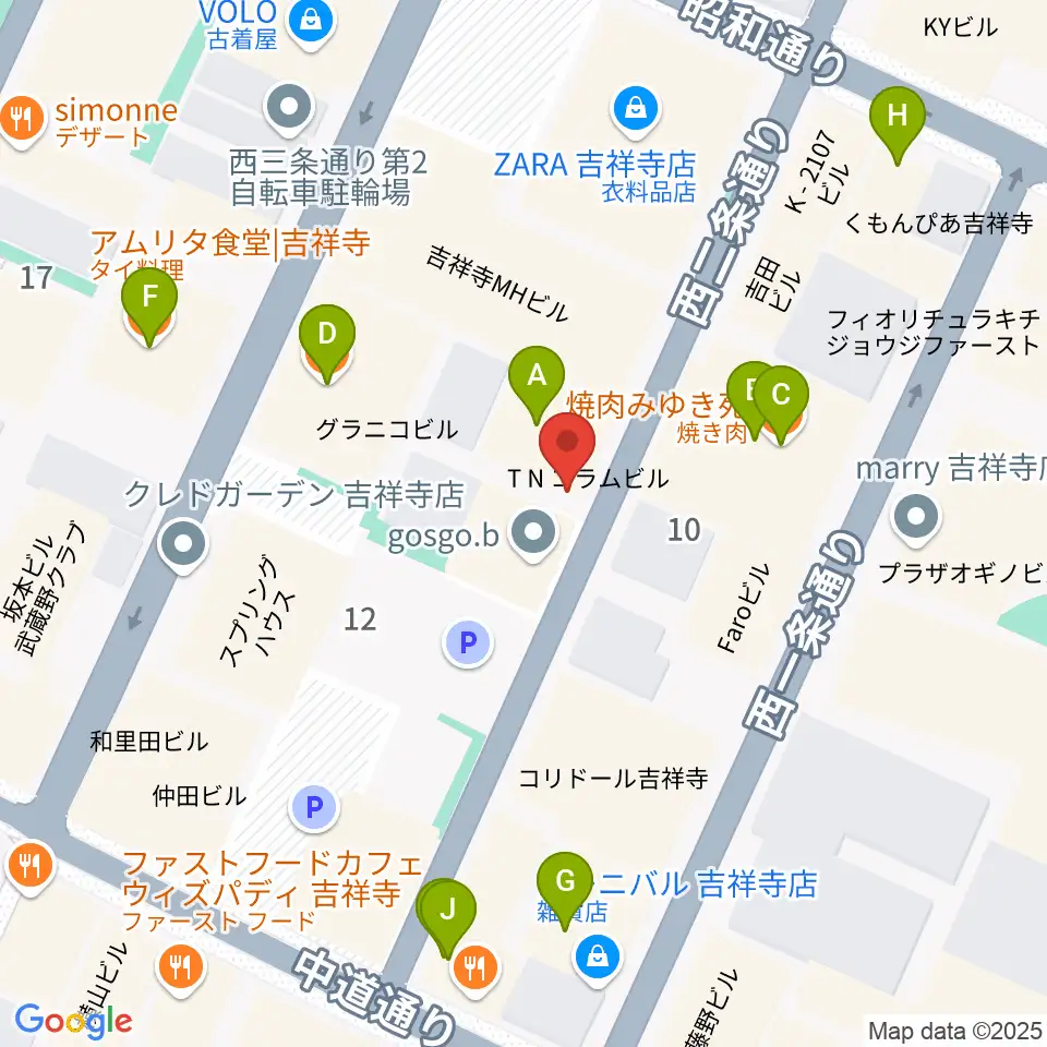 吉祥寺ストリングス周辺のファミレス・ファーストフード一覧地図