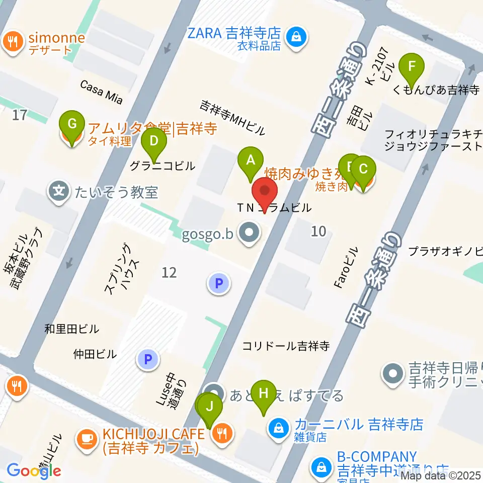 吉祥寺ストリングス周辺のファミレス・ファーストフード一覧地図
