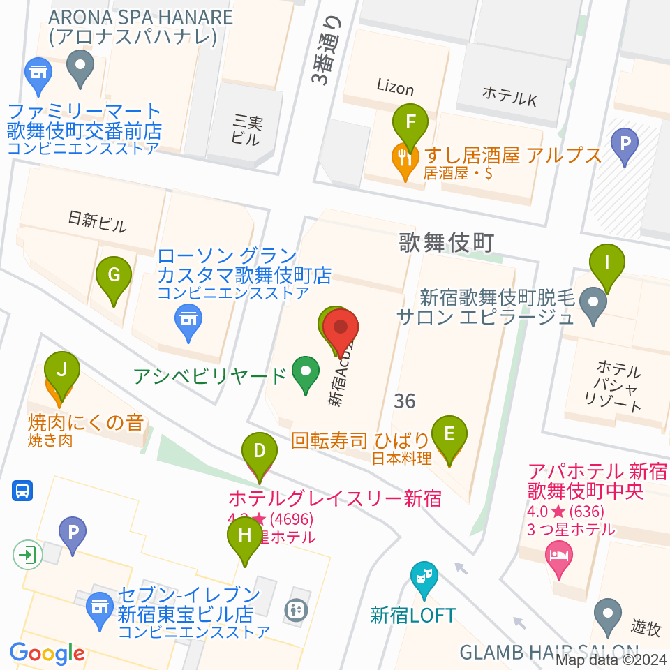 ACB HALL周辺のファミレス・ファーストフード一覧地図