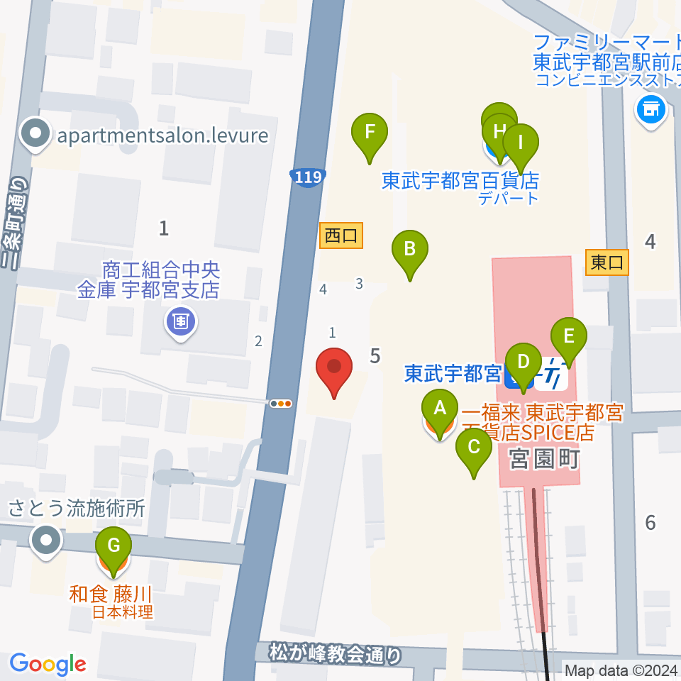 宇都宮ヘブンズロック周辺のファミレス・ファーストフード一覧地図