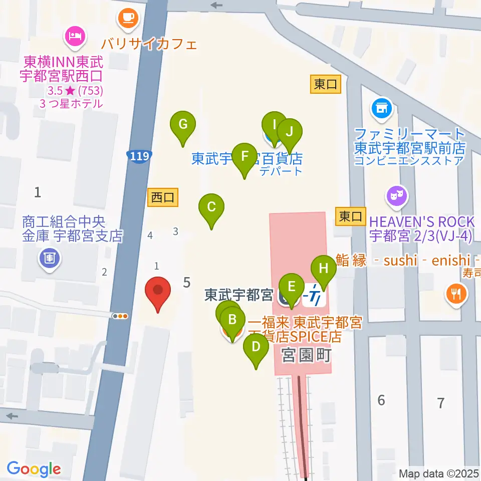 宇都宮ヘブンズロック周辺のファミレス・ファーストフード一覧地図