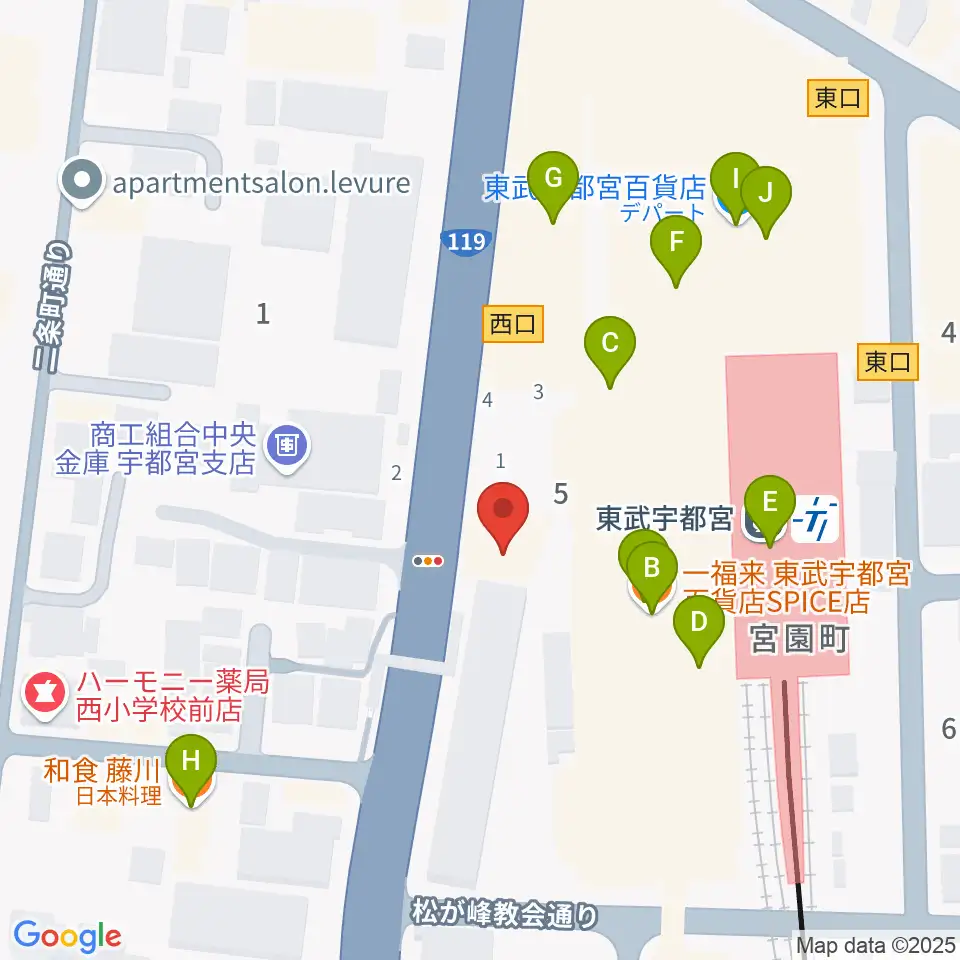 宇都宮ヘブンズロック周辺のファミレス・ファーストフード一覧地図