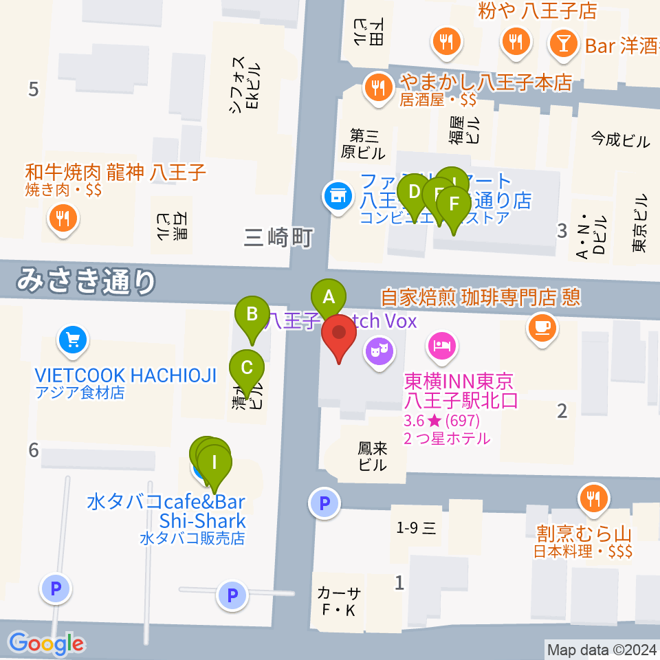 八王子RIPS周辺のファミレス・ファーストフード一覧地図