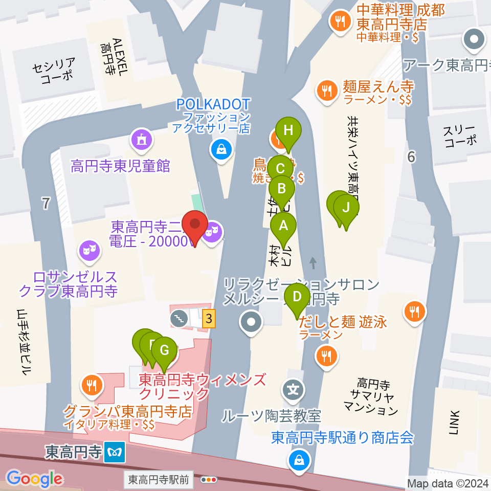 東高円寺二万電圧周辺のファミレス・ファーストフード一覧地図