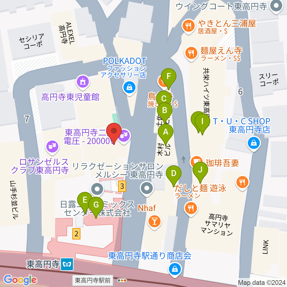 東高円寺二万電圧周辺のファミレス・ファーストフード一覧地図