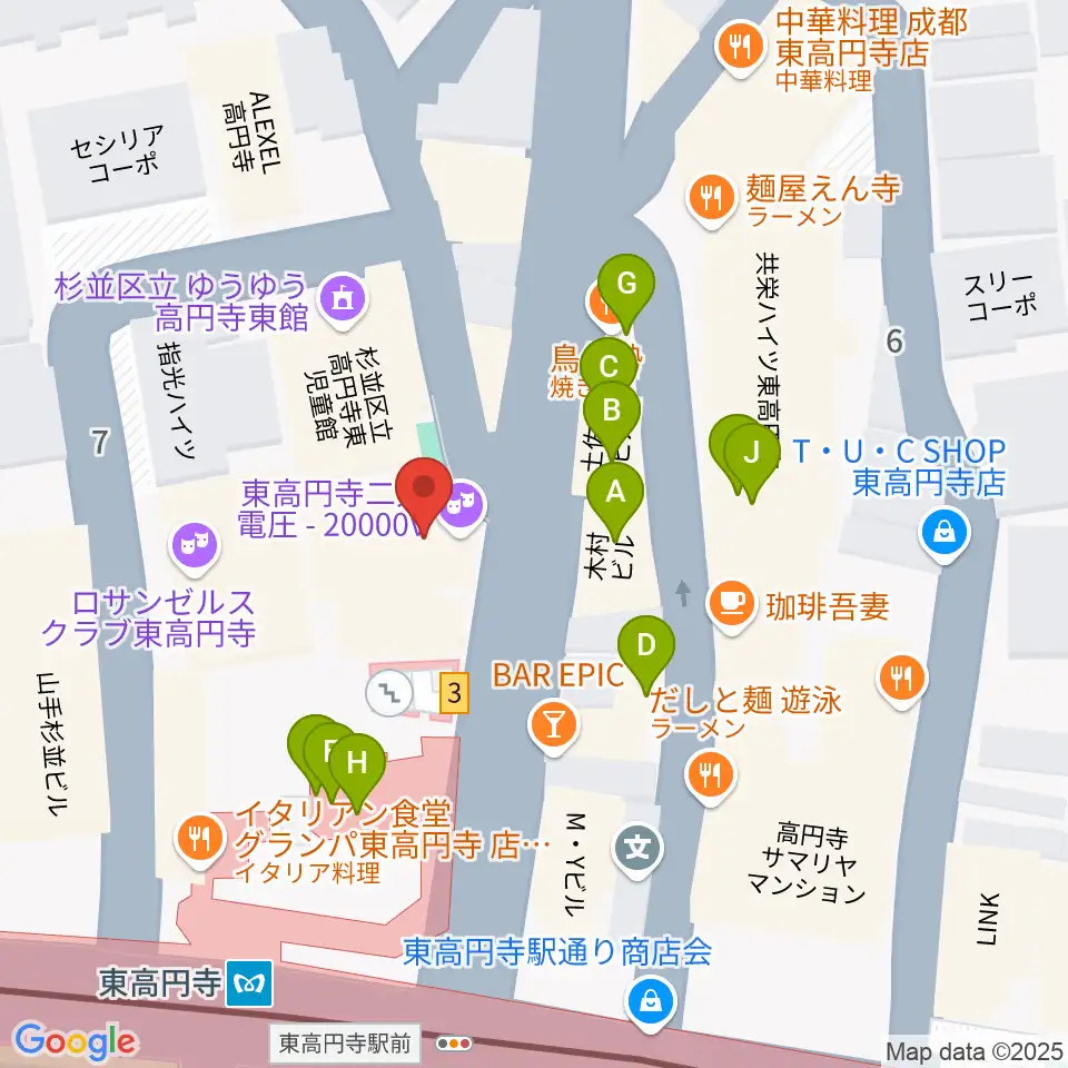 東高円寺二万電圧周辺のファミレス・ファーストフード一覧地図