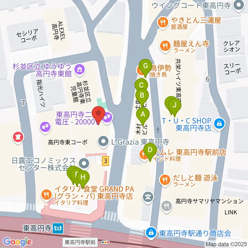 東高円寺二万電圧周辺のファミレス・ファーストフード一覧地図