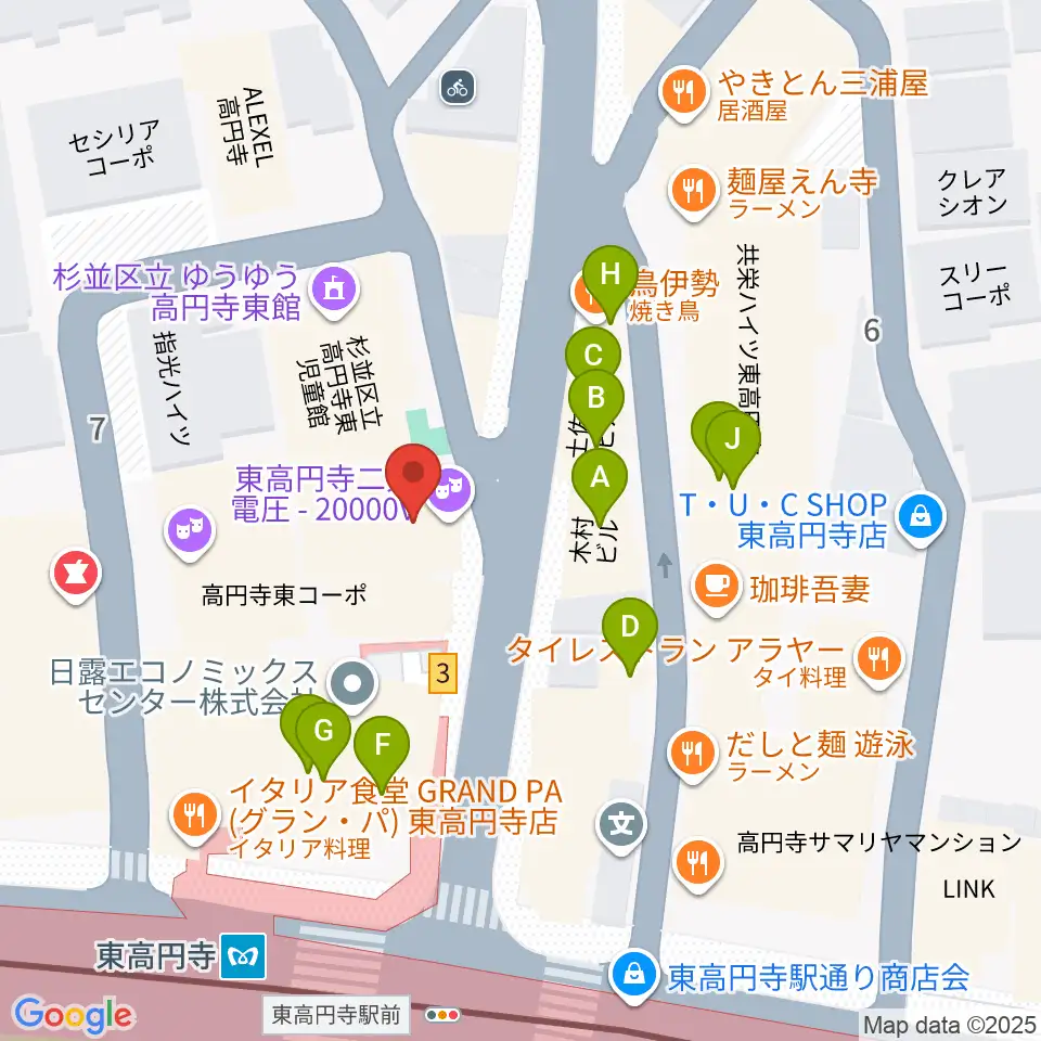 東高円寺二万電圧周辺のファミレス・ファーストフード一覧地図