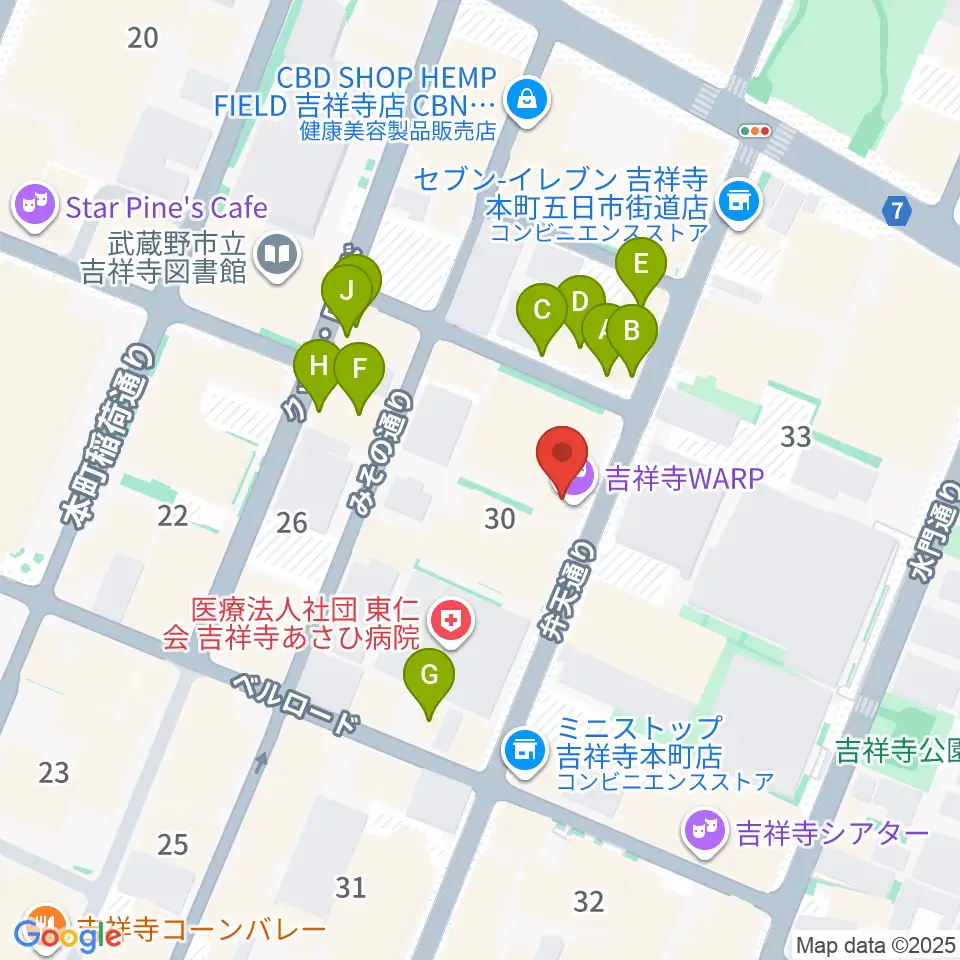 吉祥寺WARP周辺のファミレス・ファーストフード一覧地図