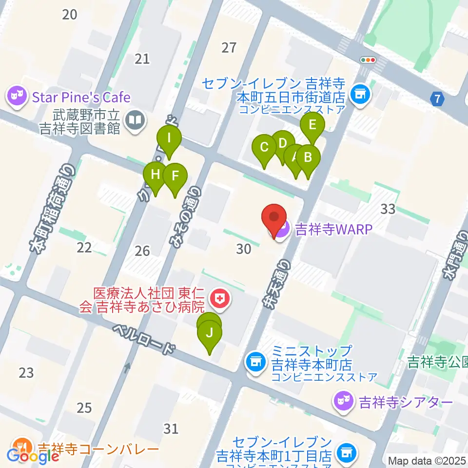 吉祥寺WARP周辺のファミレス・ファーストフード一覧地図