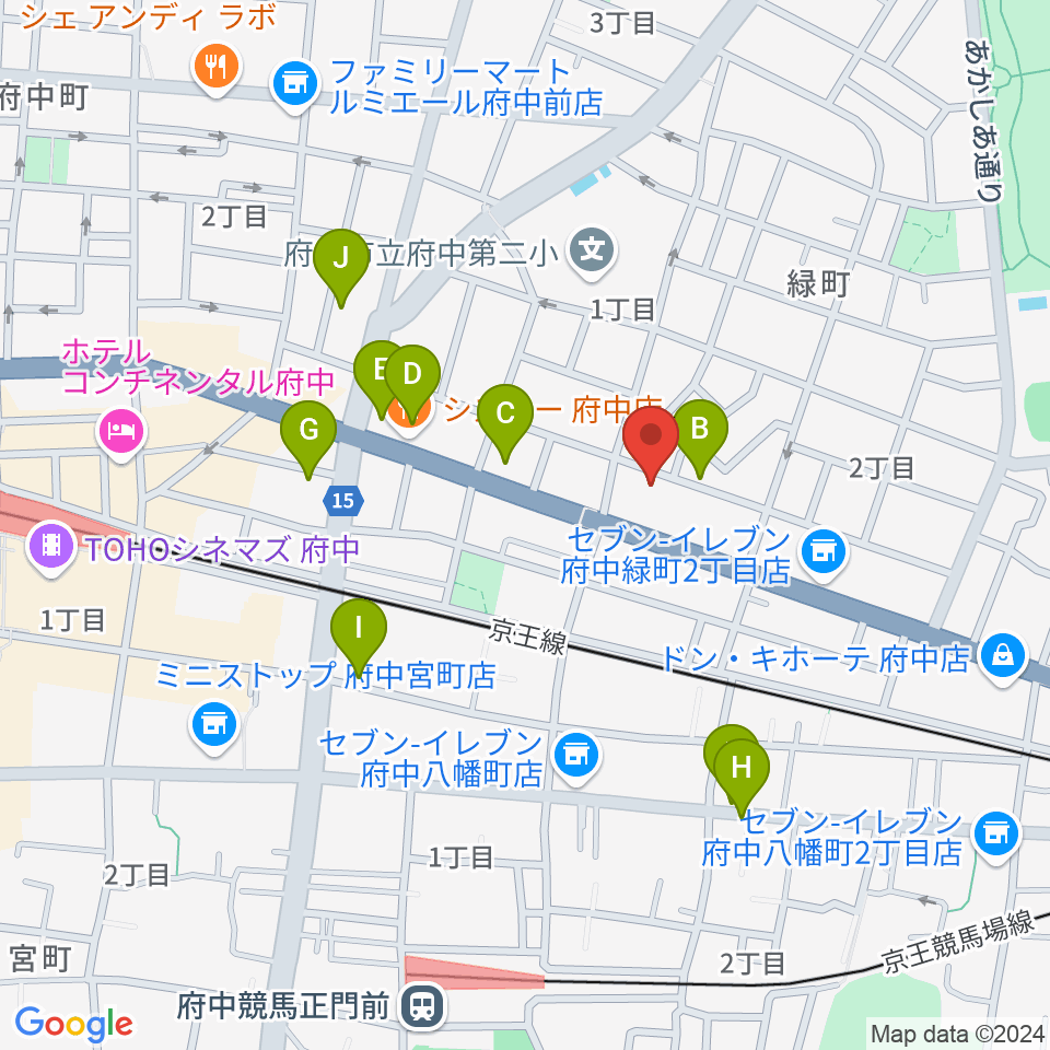 府中Flight周辺のファミレス・ファーストフード一覧地図