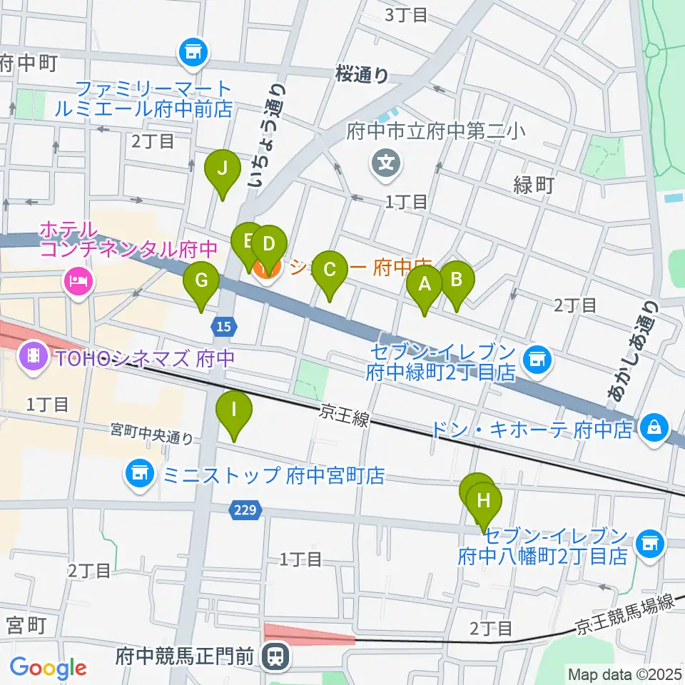 府中Flight周辺のファミレス・ファーストフード一覧地図