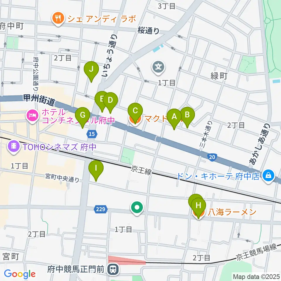 府中Flight周辺のファミレス・ファーストフード一覧地図