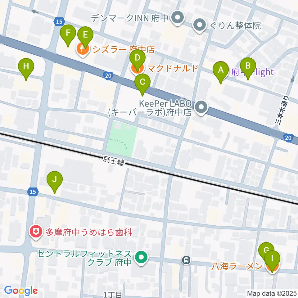 府中Flight周辺のファミレス・ファーストフード一覧地図