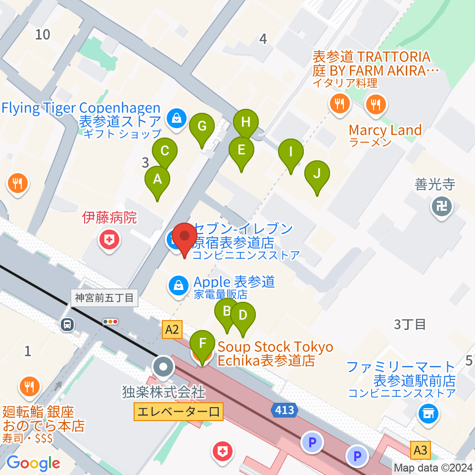 表参道GROUND周辺のファミレス・ファーストフード一覧地図