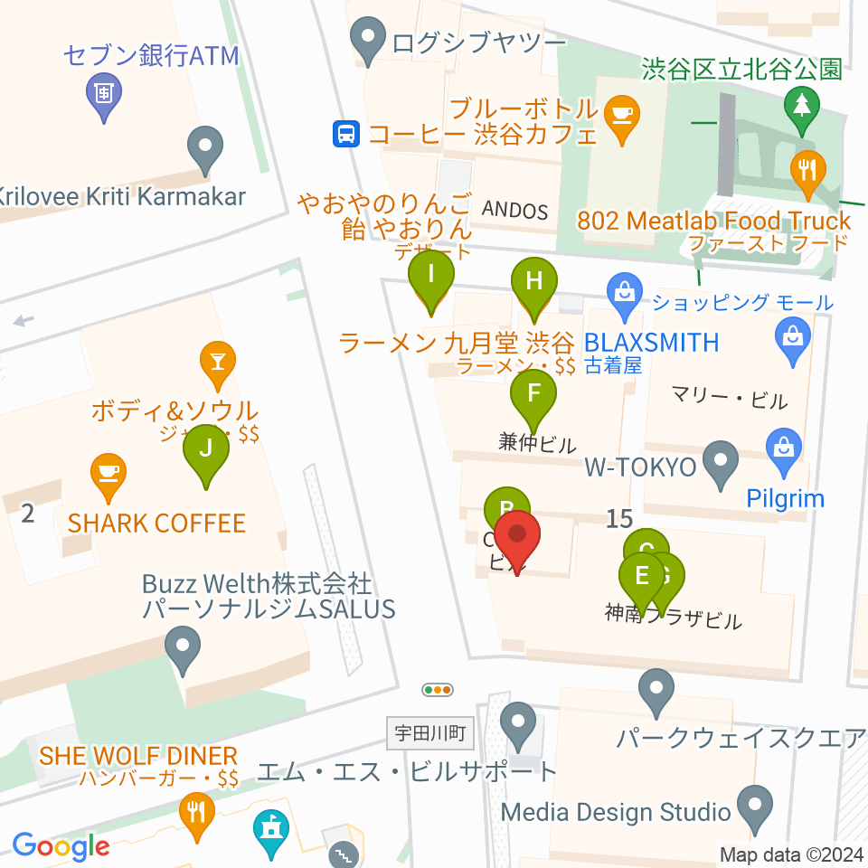 渋谷UNDERBAR周辺のファミレス・ファーストフード一覧地図
