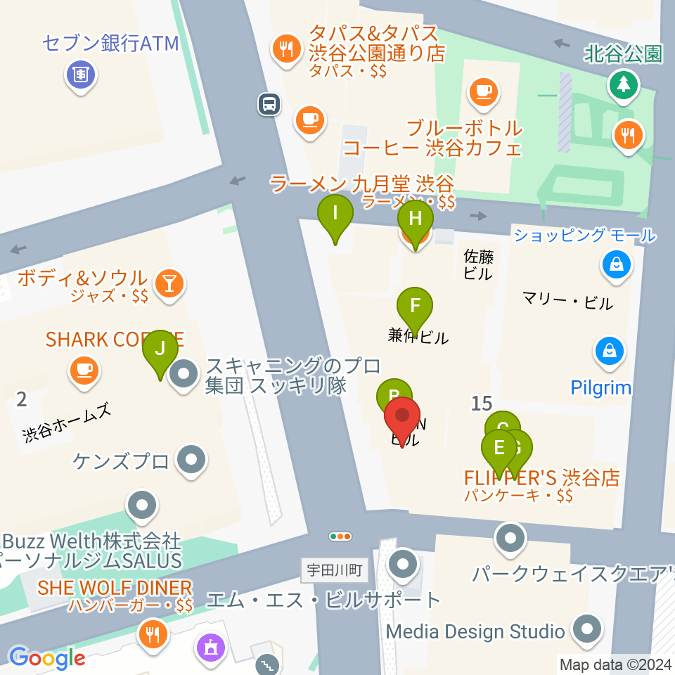 渋谷UNDERBAR周辺のファミレス・ファーストフード一覧地図