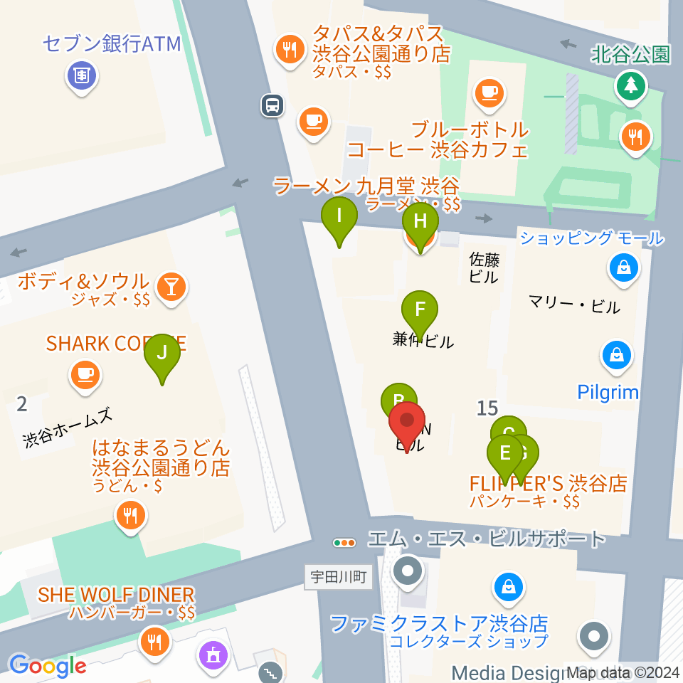 渋谷UNDERBAR周辺のファミレス・ファーストフード一覧地図