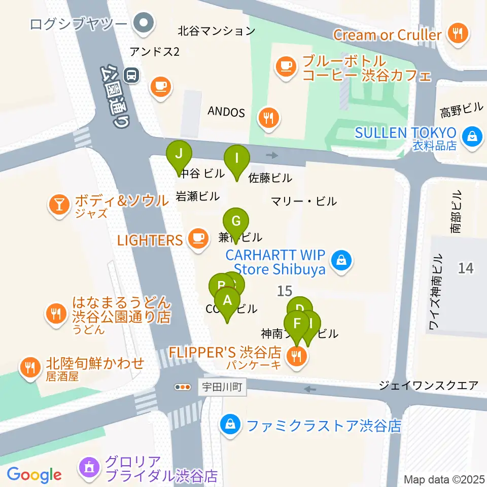 渋谷UNDERBAR周辺のファミレス・ファーストフード一覧地図