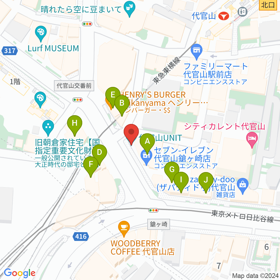 代官山UNIT周辺のファミレス・ファーストフード一覧地図