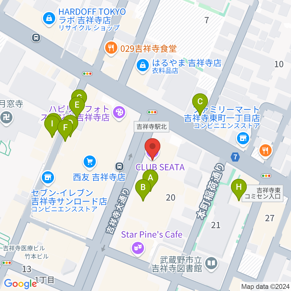 吉祥寺CLUB SEATA周辺のファミレス・ファーストフード一覧地図