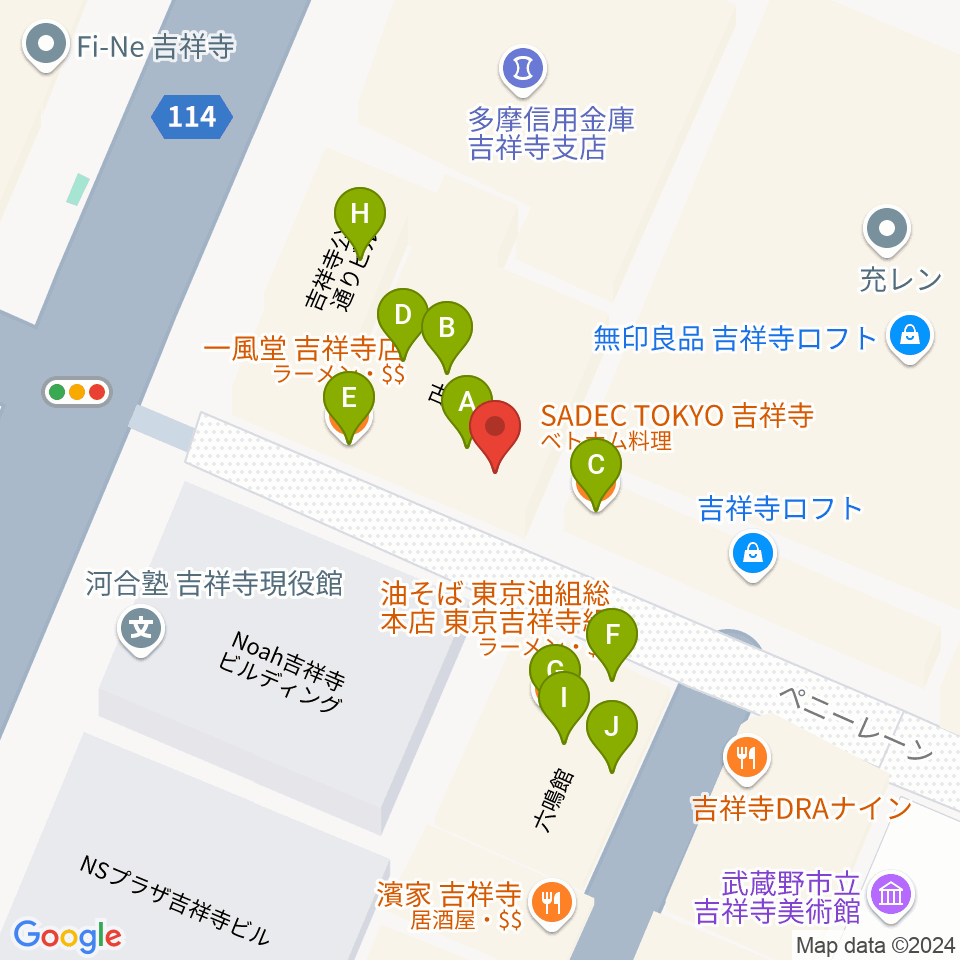 吉祥寺Planet K周辺のファミレス・ファーストフード一覧地図