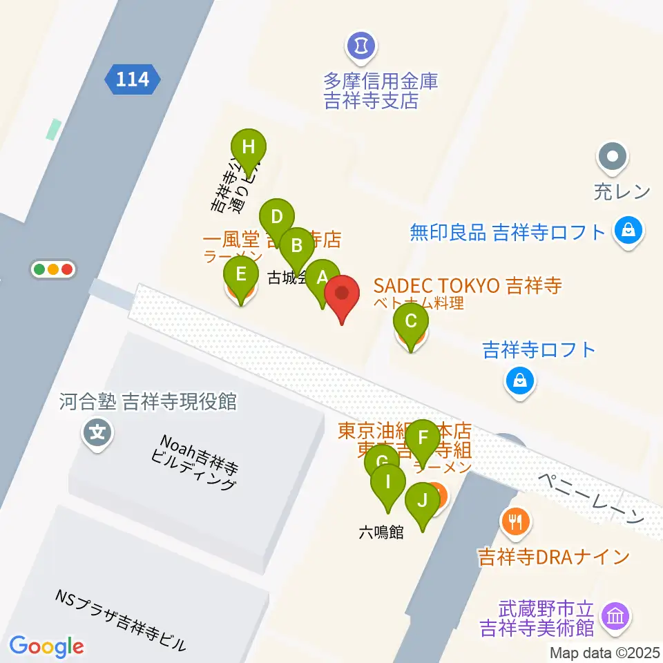 吉祥寺Planet K周辺のファミレス・ファーストフード一覧地図