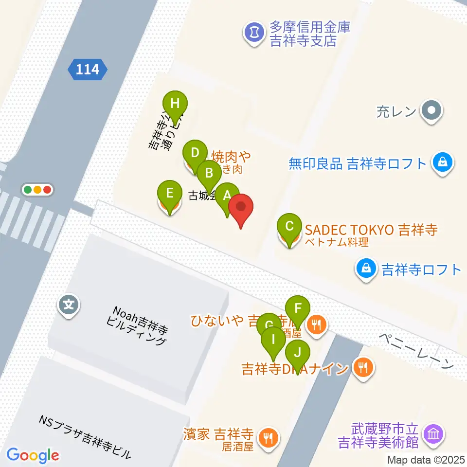 吉祥寺Planet K周辺のファミレス・ファーストフード一覧地図