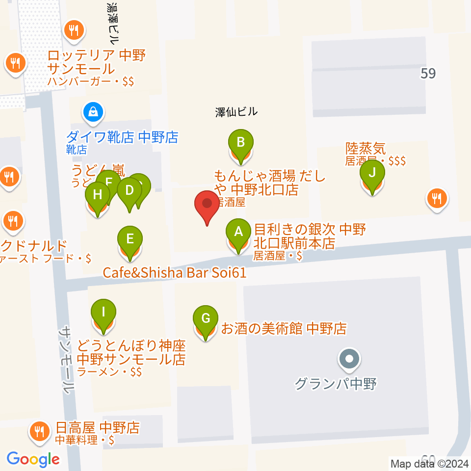 中野ブライトブラウン周辺のファミレス・ファーストフード一覧地図