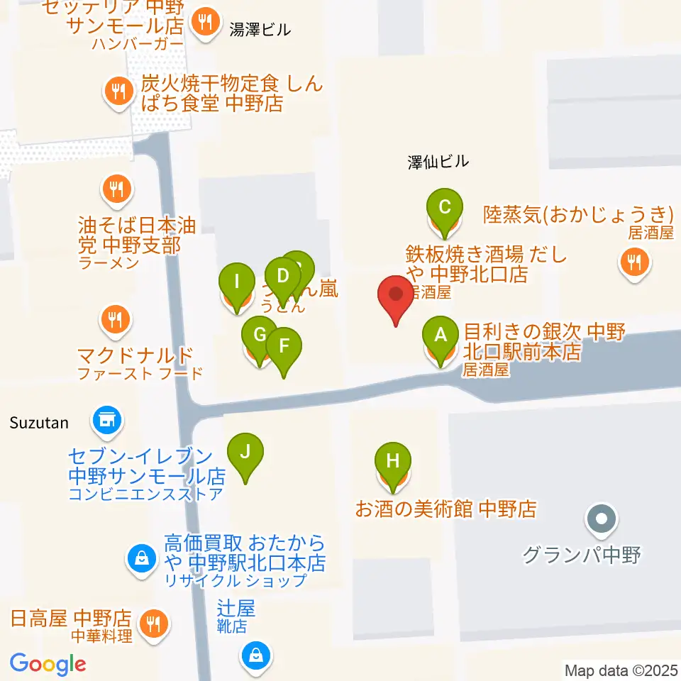 中野ブライトブラウン周辺のファミレス・ファーストフード一覧地図