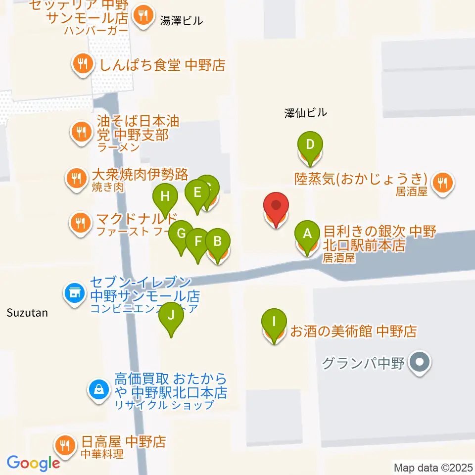 中野ブライトブラウン周辺のファミレス・ファーストフード一覧地図