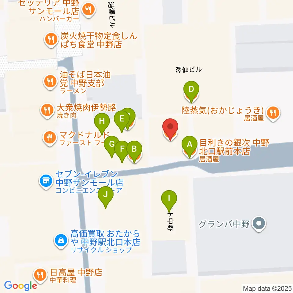 中野ブライトブラウン周辺のファミレス・ファーストフード一覧地図