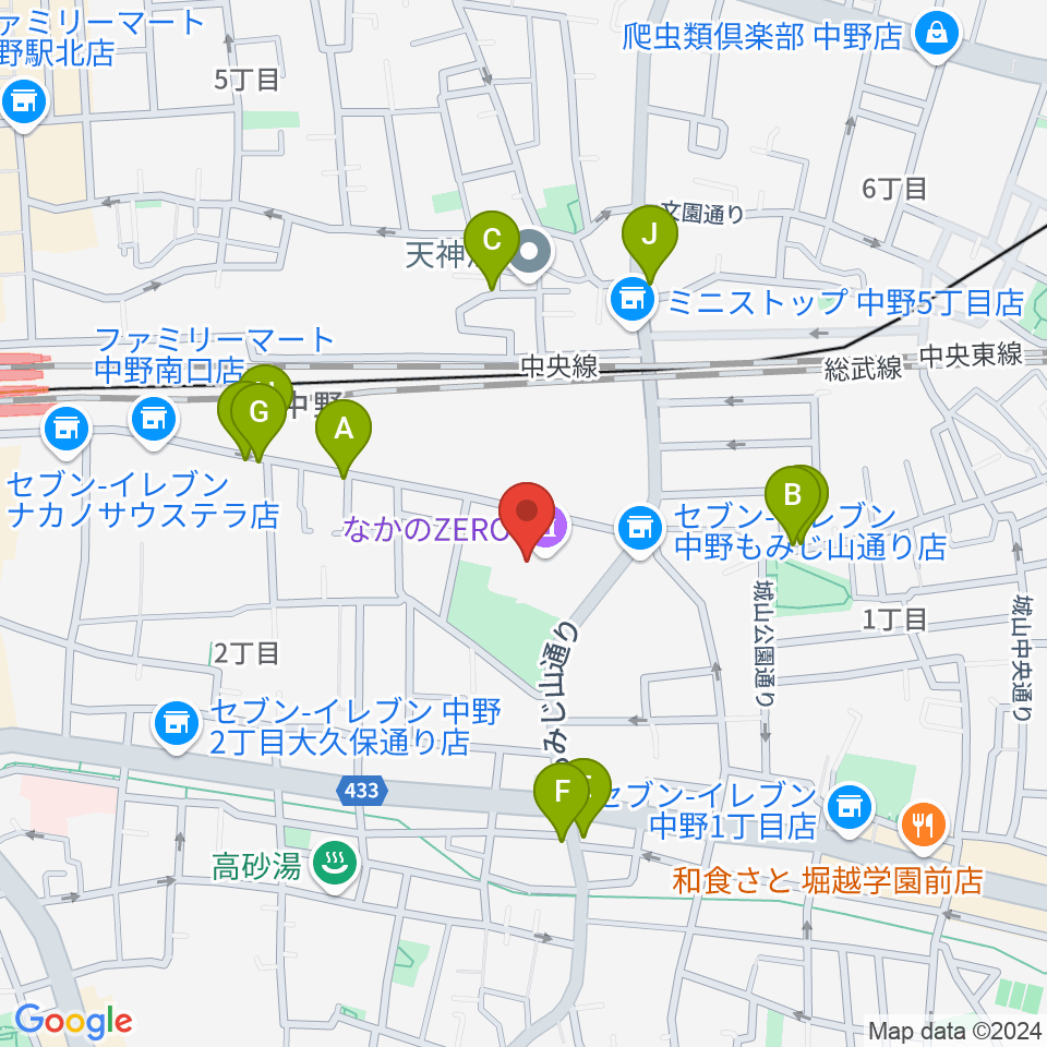 なかのZERO周辺のファミレス・ファーストフード一覧地図