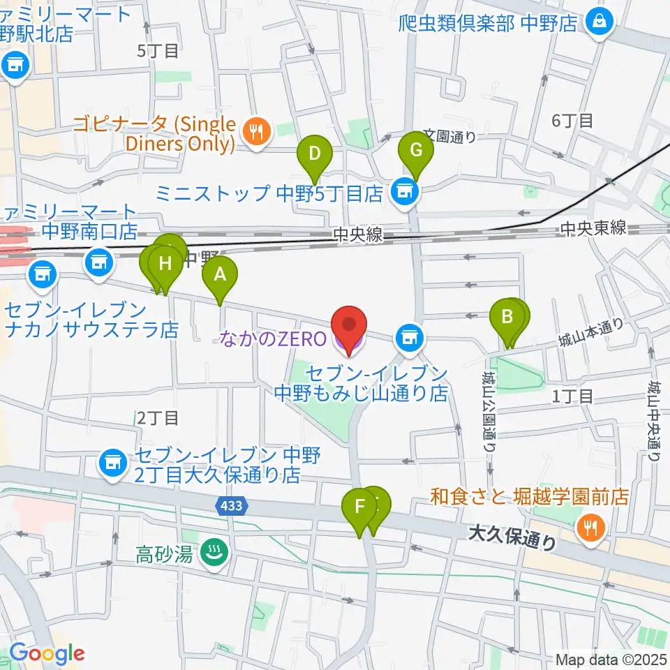 なかのZERO周辺のファミレス・ファーストフード一覧地図