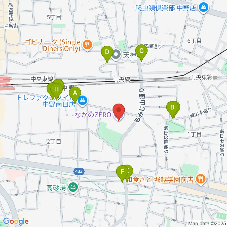 なかのZERO周辺のファミレス・ファーストフード一覧地図