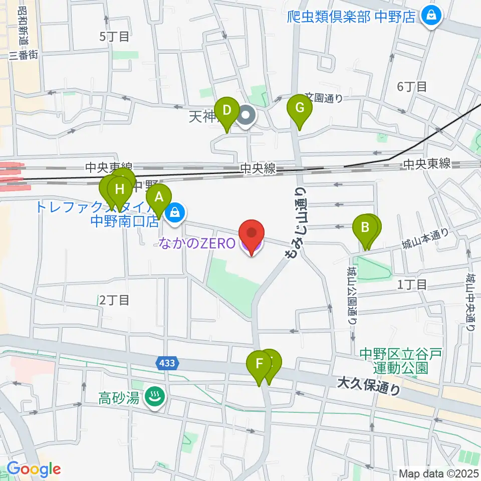 なかのZERO周辺のファミレス・ファーストフード一覧地図