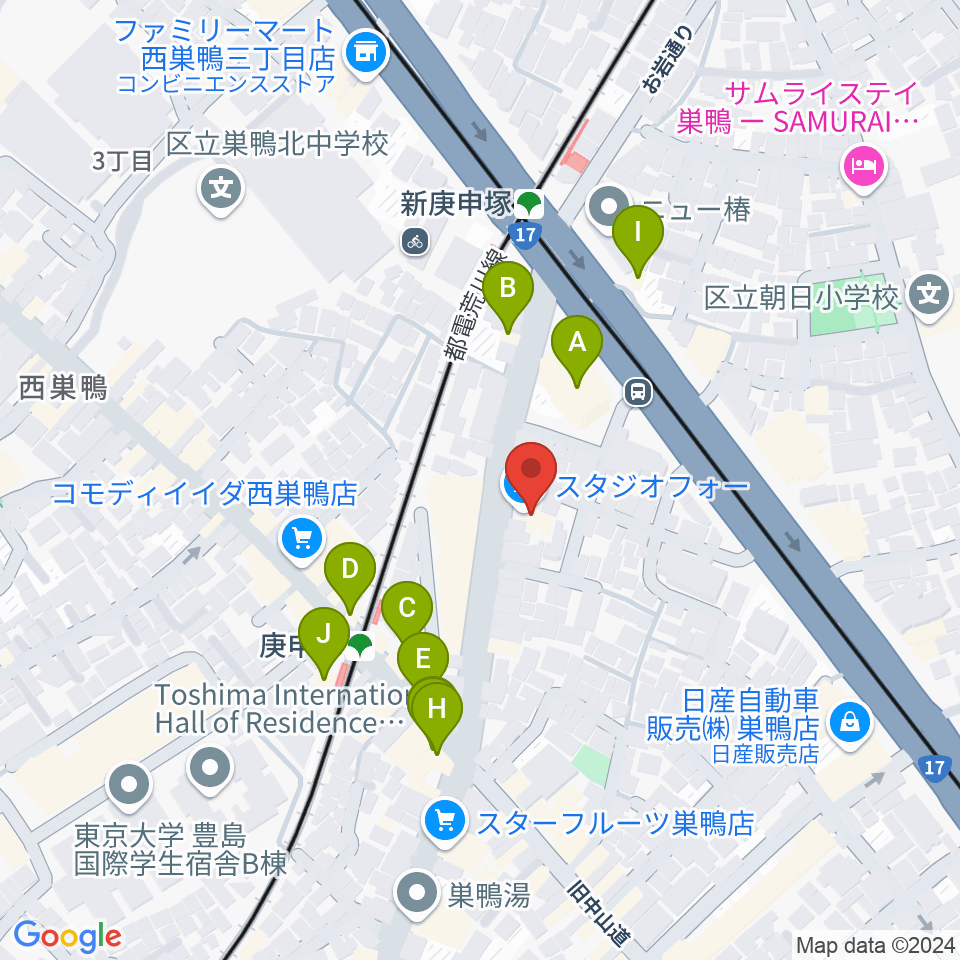 巣鴨スタジオフォー周辺のファミレス・ファーストフード一覧地図