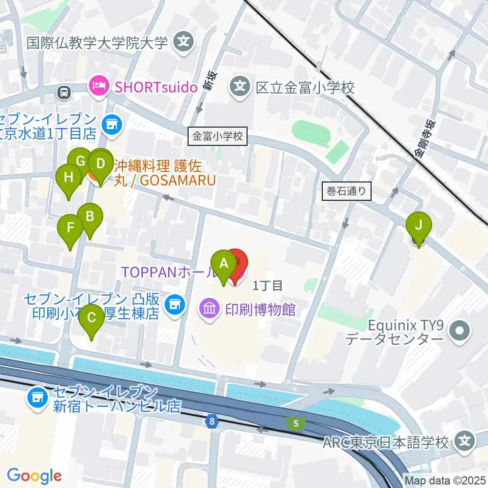 トッパンホール周辺のファミレス・ファーストフード一覧地図