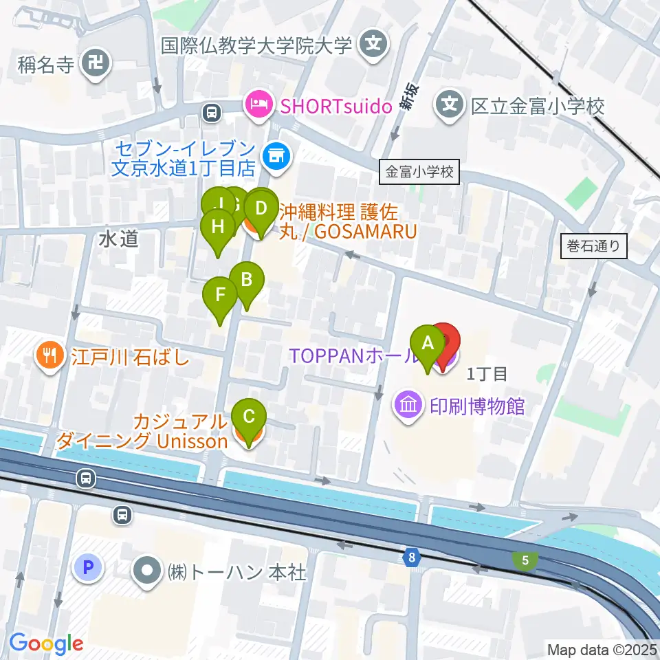 トッパンホール周辺のファミレス・ファーストフード一覧地図