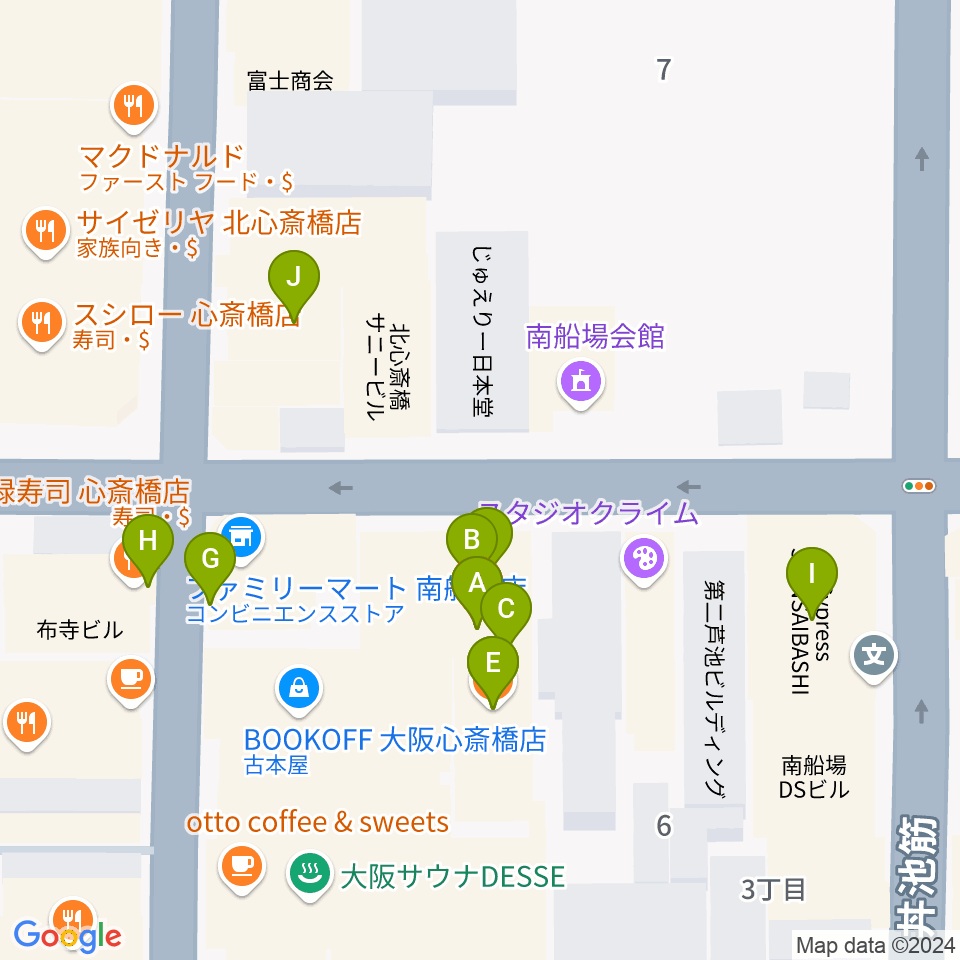 IMIボイストレーニング・ボーカルスクール大阪校周辺のファミレス・ファーストフード一覧地図