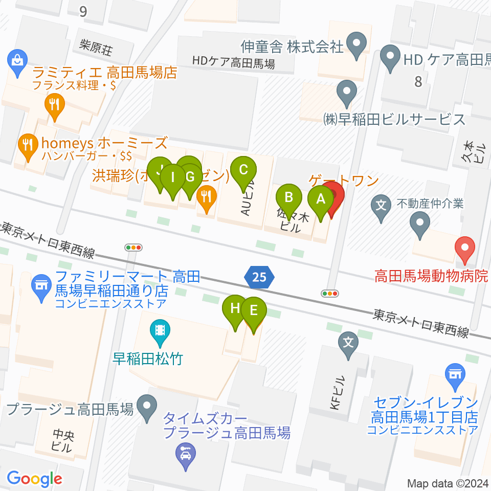 高田馬場ゲートワン周辺のファミレス・ファーストフード一覧地図