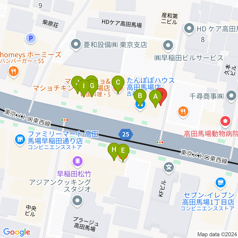 高田馬場ゲートワン周辺のファミレス・ファーストフード一覧地図